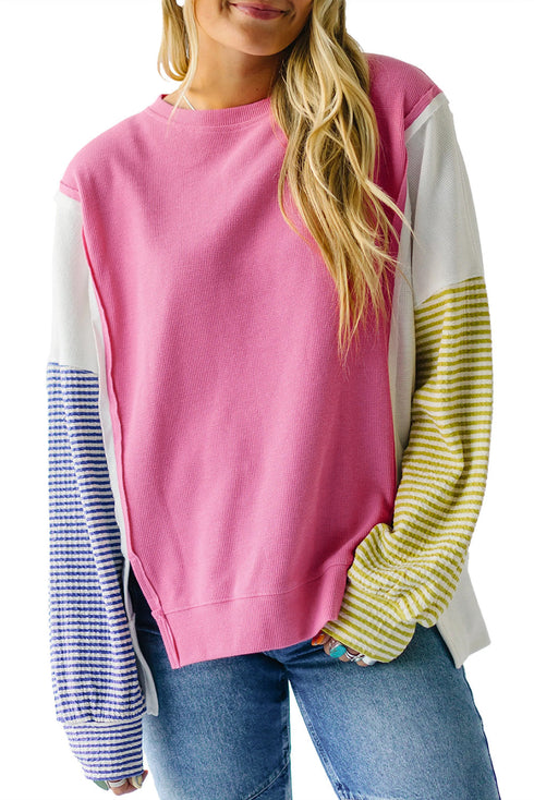 Exposed Seam Waffle Knit Striped Patchwork Long Sleeve Top