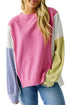 Exposed Seam Waffle Knit Striped Patchwork Long Sleeve Top