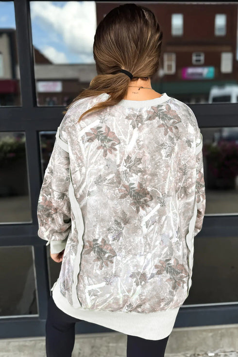Exposed Seam Woodland Print Split Hem Sweatshirt