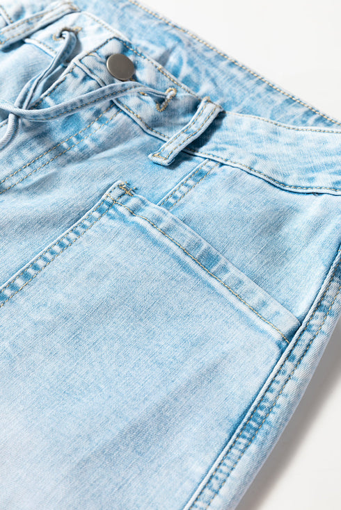 Exposed Stitch Detail Drawstring Wide Leg Barrel Jeans