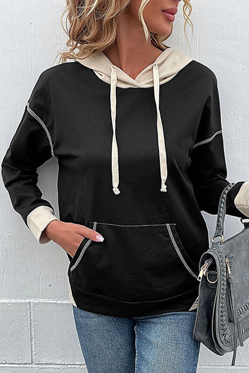 Exposed Stitch Panel Detail Relaxed Pullover Hoodie