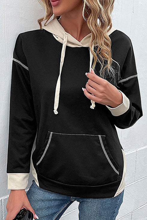 Exposed Stitch Panel Detail Relaxed Pullover Hoodie