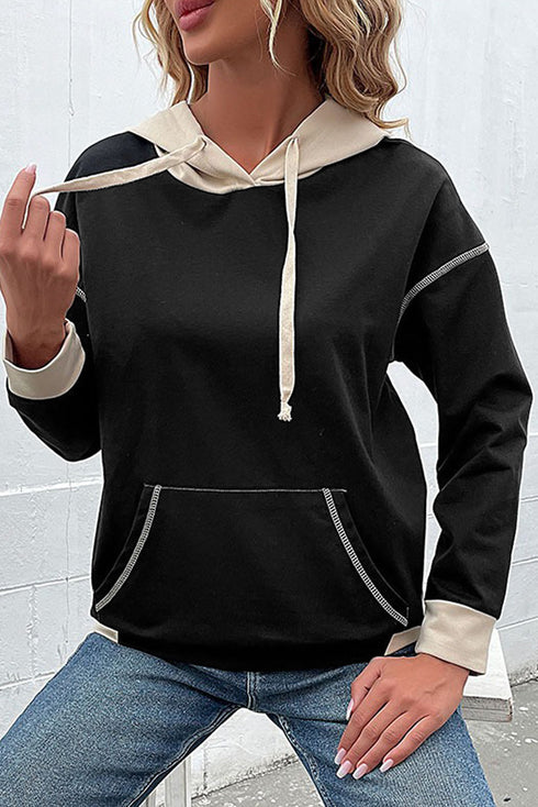 Exposed Stitch Panel Detail Relaxed Pullover Hoodie