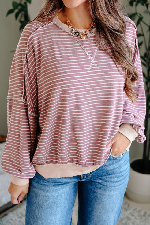 Exposed Stitch Patchwork Stripe Long Sleeve Cotton Top