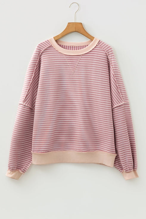 Exposed Stitch Patchwork Stripe Long Sleeve Cotton Top
