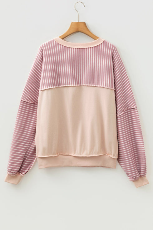 Exposed Stitch Patchwork Stripe Long Sleeve Cotton Top