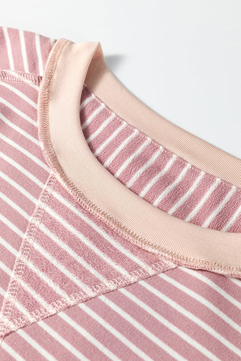 Exposed Stitch Patchwork Stripe Long Sleeve Cotton Top
