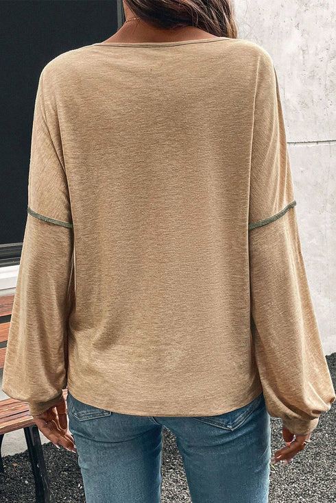 Exposed Stitch V Neck Long Sleeve Relaxed Fit Top