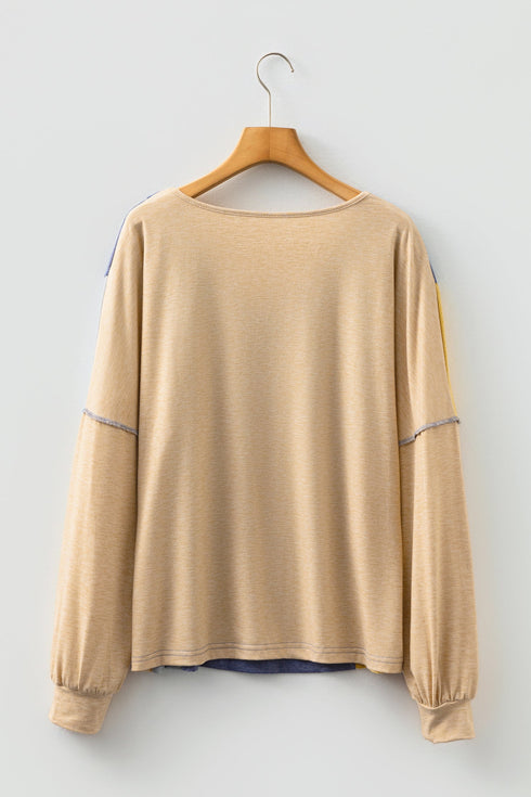 Exposed Stitch V Neck Long Sleeve Relaxed Fit Top