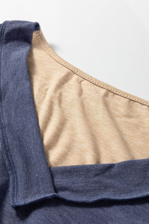 Exposed Stitch V Neck Long Sleeve Relaxed Fit Top