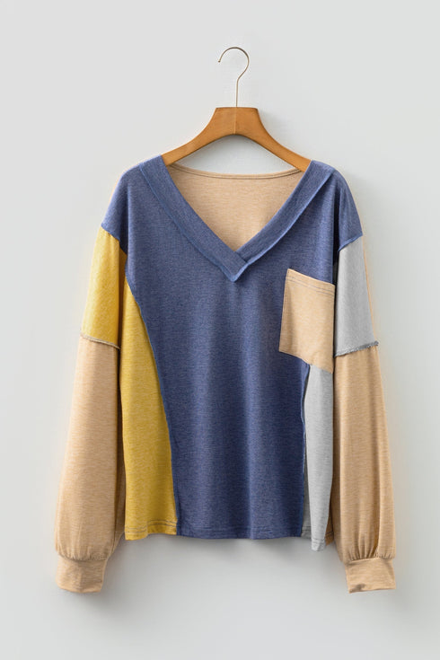Exposed Stitch V Neck Long Sleeve Relaxed Fit Top