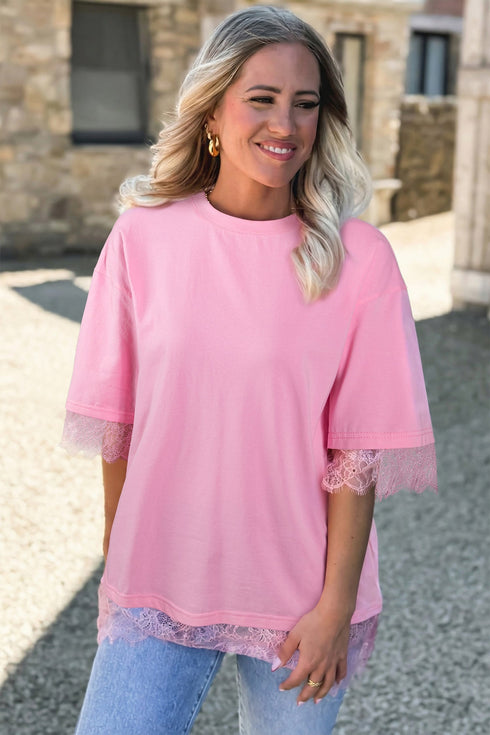 Eyelash Floral Lace Patchwork Half Sleeve Oversized Tee