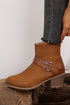 Eyelet Buckle Detail Chunky Heel Faux Leather Western Boots