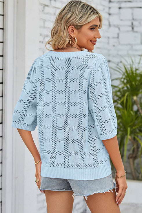 Eyelet Checker Knit Half Sleeve Top