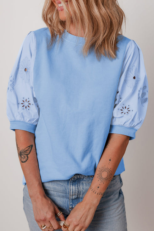 Eyelet Embroidered Floral Patchwork Puff Sleeve Crew Neck Blouse