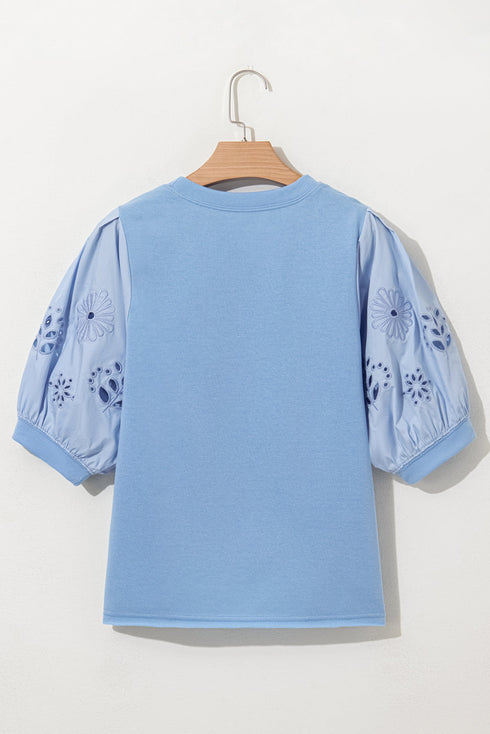 Eyelet Embroidered Floral Patchwork Puff Sleeve Crew Neck Blouse