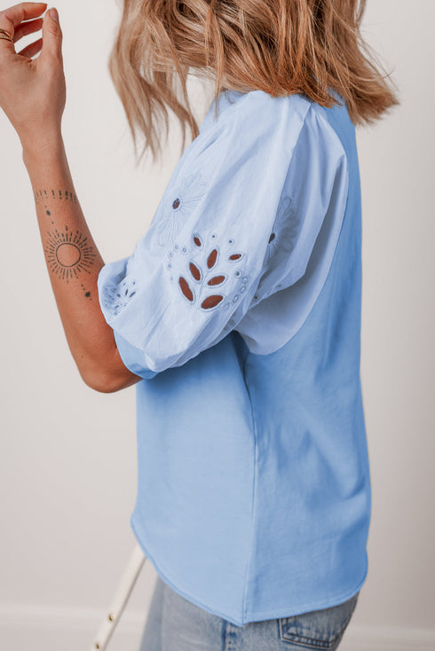 Eyelet Embroidered Floral Patchwork Puff Sleeve Crew Neck Blouse