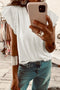 Eyelet Embroidered Flutter Sleeve Patchwork V Neck Tee