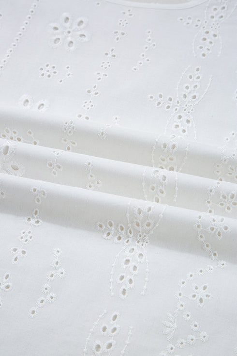 Eyelet Embroidered Smocked Cuff Cotton Blouse