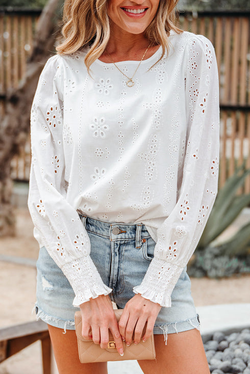 Eyelet Embroidered Smocked Cuff Cotton Blouse