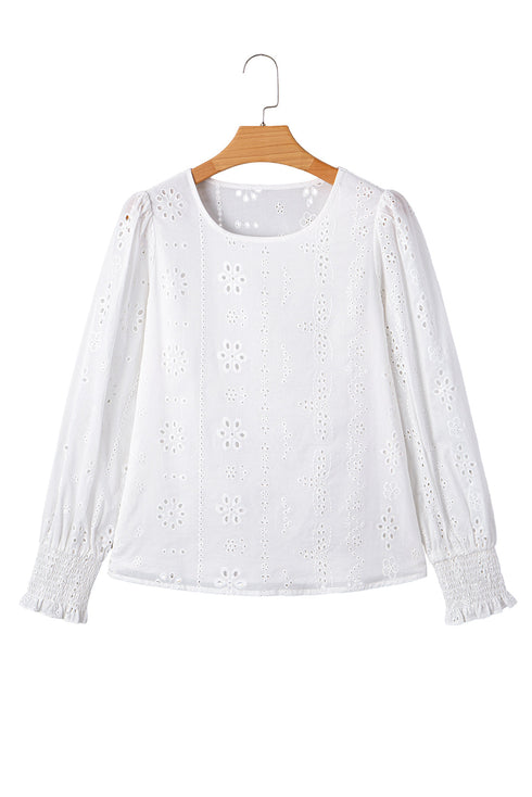 Eyelet Embroidered Smocked Cuff Cotton Blouse