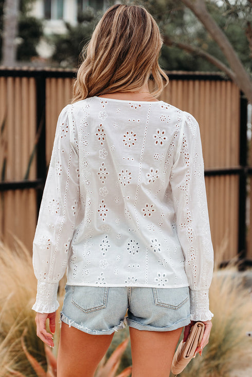 Eyelet Embroidered Smocked Cuff Cotton Blouse