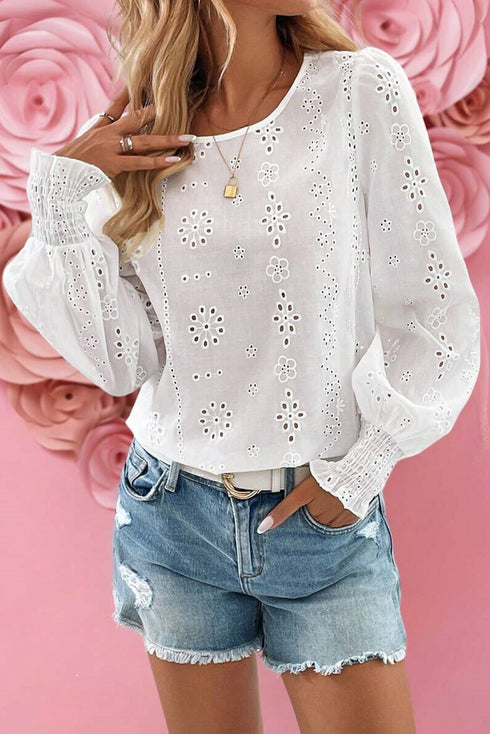 Eyelet Embroidered Smocked Cuff Cotton Blouse