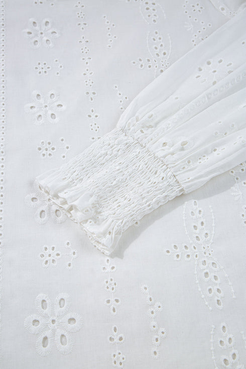 Eyelet Embroidered Smocked Cuff Cotton Blouse