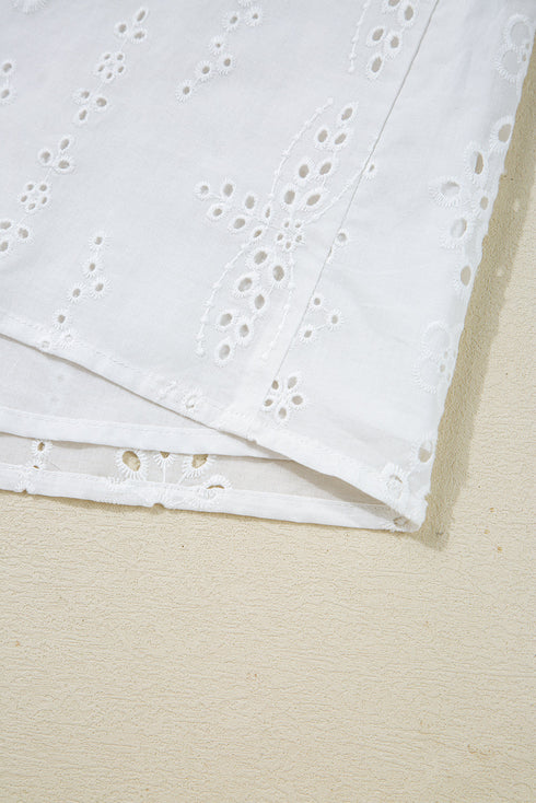 Eyelet Embroidered Smocked Cuff Cotton Blouse