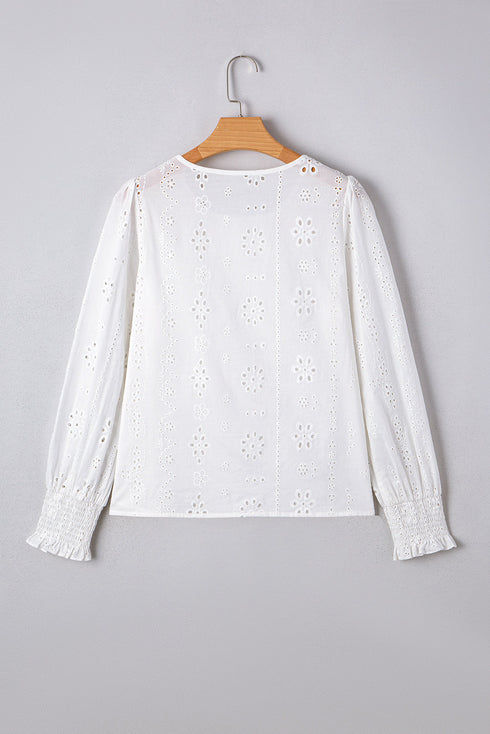 Eyelet Embroidered Smocked Cuff Cotton Blouse
