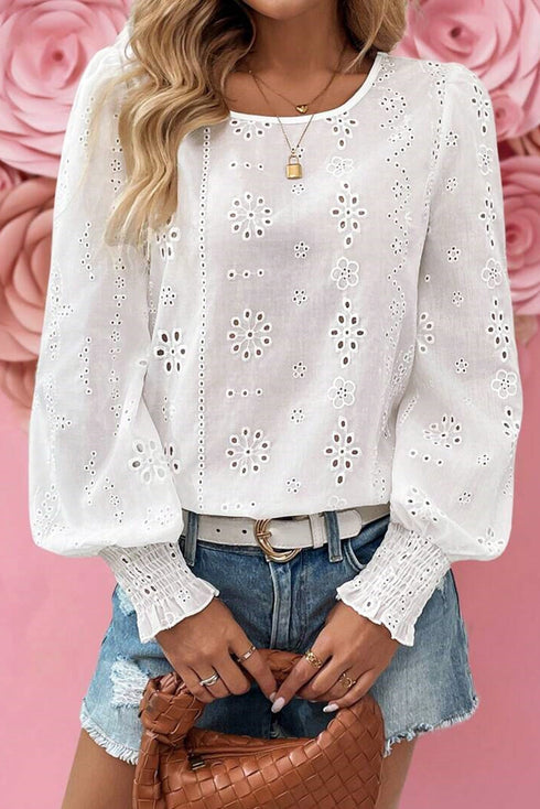 Eyelet Embroidered Smocked Cuff Cotton Blouse