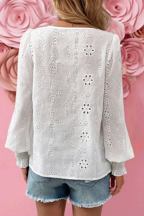 Eyelet Embroidered Smocked Cuff Cotton Blouse