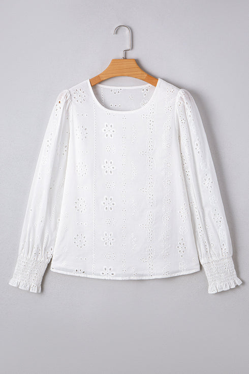 Eyelet Embroidered Smocked Cuff Cotton Blouse