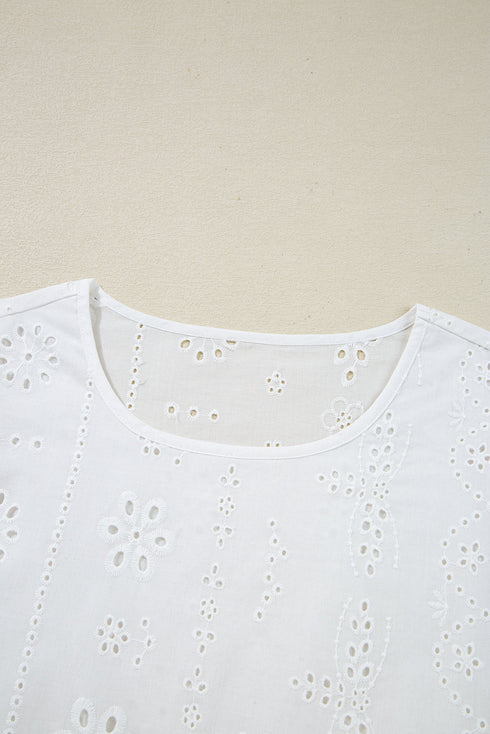 Eyelet Embroidered Smocked Cuff Cotton Blouse