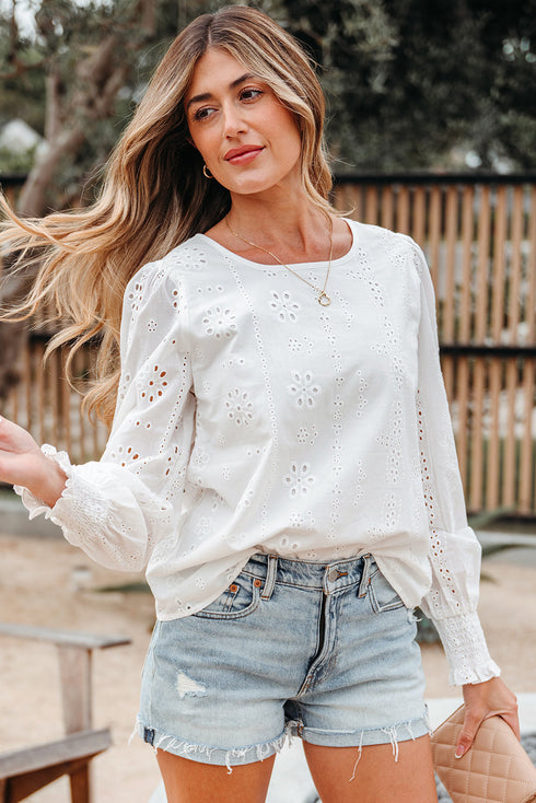 Eyelet Embroidered Smocked Cuff Cotton Blouse