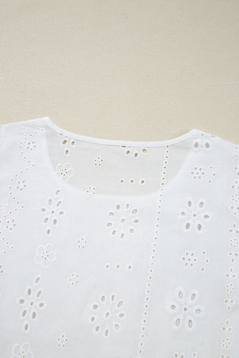 Eyelet Embroidered Smocked Cuff Cotton Blouse