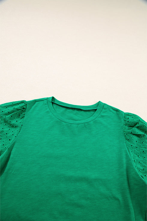Eyelet Flutter Sleeve Mixed Media Knit Top
