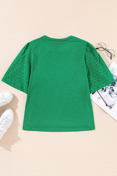 Eyelet Flutter Sleeve Mixed Media Knit Top