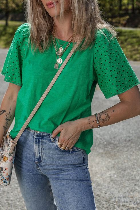 Eyelet Flutter Sleeve Mixed Media Knit Top