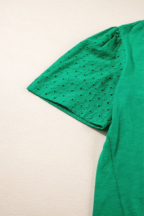 Eyelet Flutter Sleeve Mixed Media Knit Top