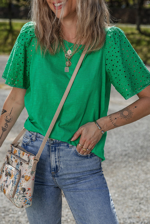 Eyelet Flutter Sleeve Mixed Media Knit Top
