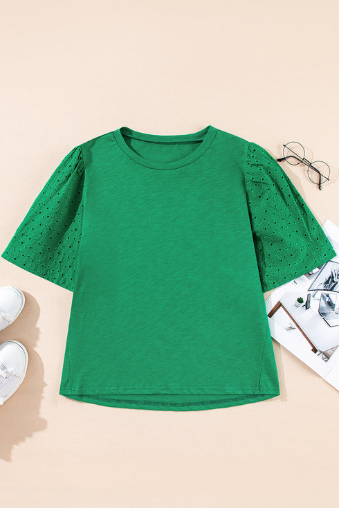 Eyelet Flutter Sleeve Mixed Media Knit Top
