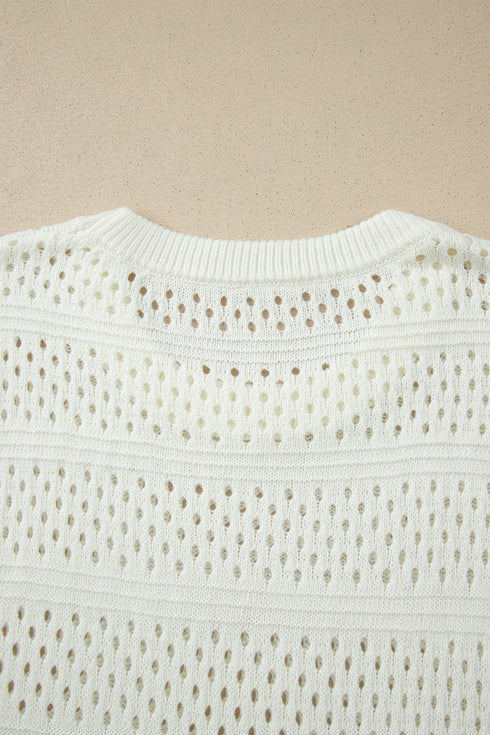 Eyelet Hollow Out Knit Ribbed Trim Short Sleeve Sweater