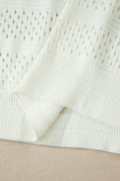 Eyelet Hollow Out Knit Ribbed Trim Short Sleeve Sweater