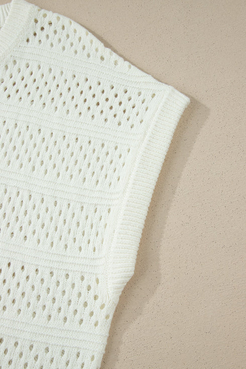 Eyelet Hollow Out Knit Ribbed Trim Short Sleeve Sweater