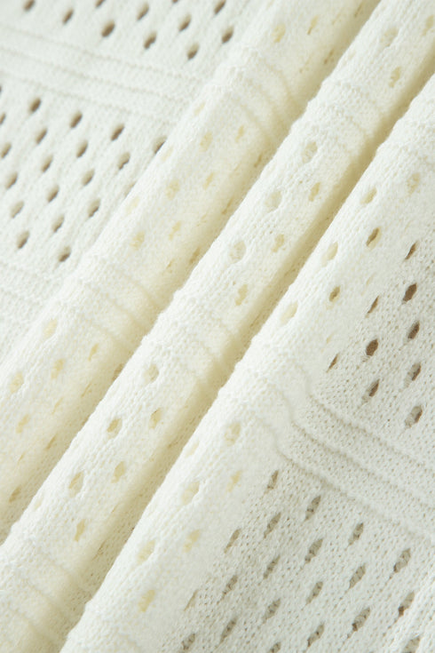 Eyelet Hollow Out Knit Ribbed Trim Short Sleeve Sweater