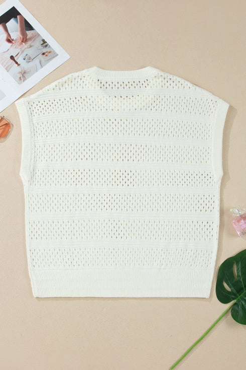 Eyelet Hollow Out Knit Ribbed Trim Short Sleeve Sweater