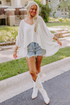 Eyelet Patchwork V Neck Oversized High Low Hem Top