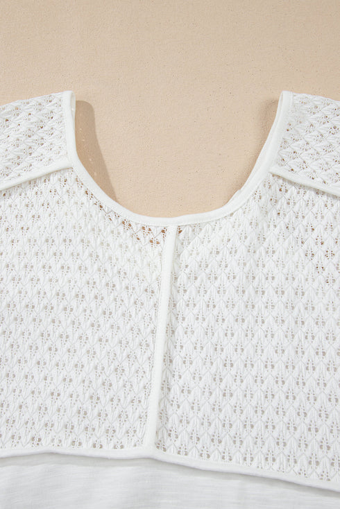 Eyelet Patchwork V Neck Oversized High Low Hem Top