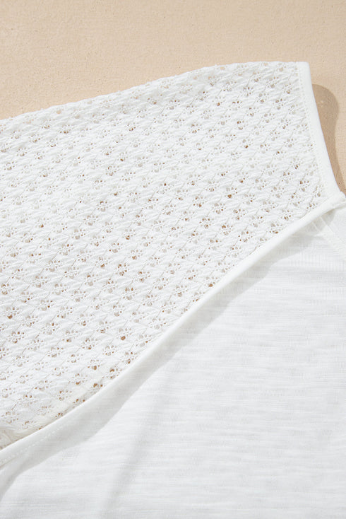 Eyelet Patchwork V Neck Oversized High Low Hem Top